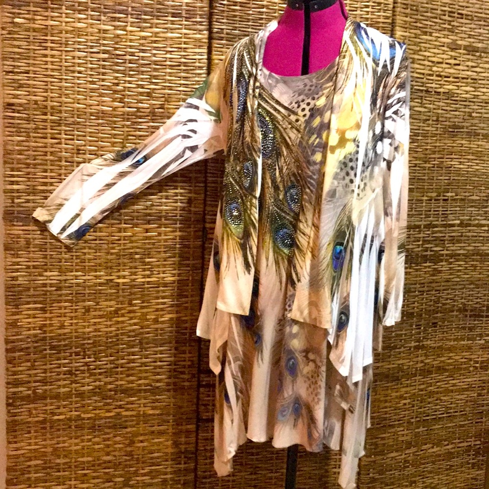 EUC Jostar Cream purple peacock rhinestone 2 piece dress jacket set S